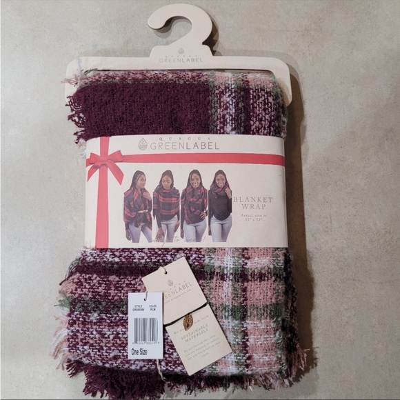 NWT Quagga Green Label Plaid Blanket Wrap Plum Polyester With Bonus Bracelet - Picture 1 of 8